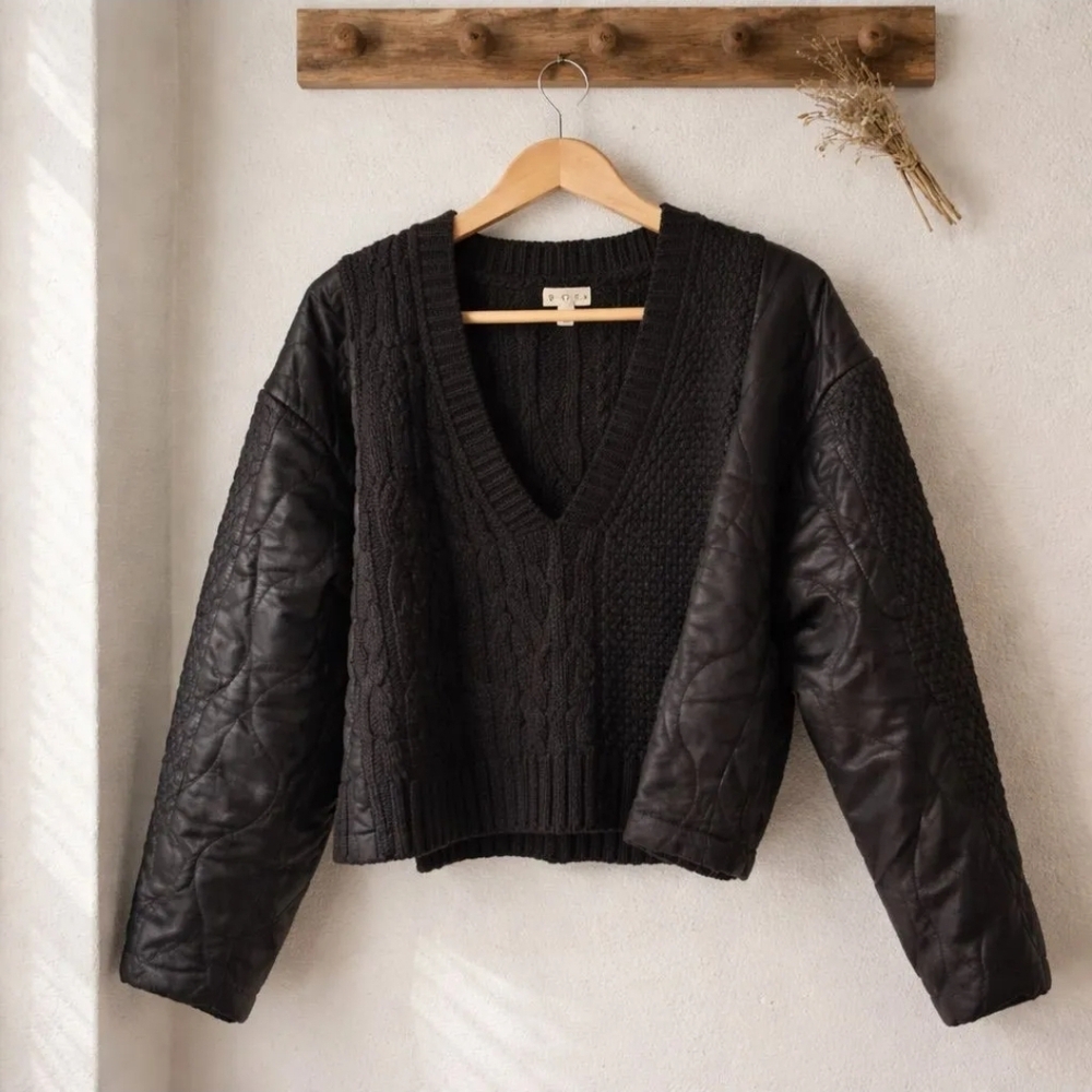 POL Black Mixed-Knit V-Neck Sweater with Quilted Sleeves